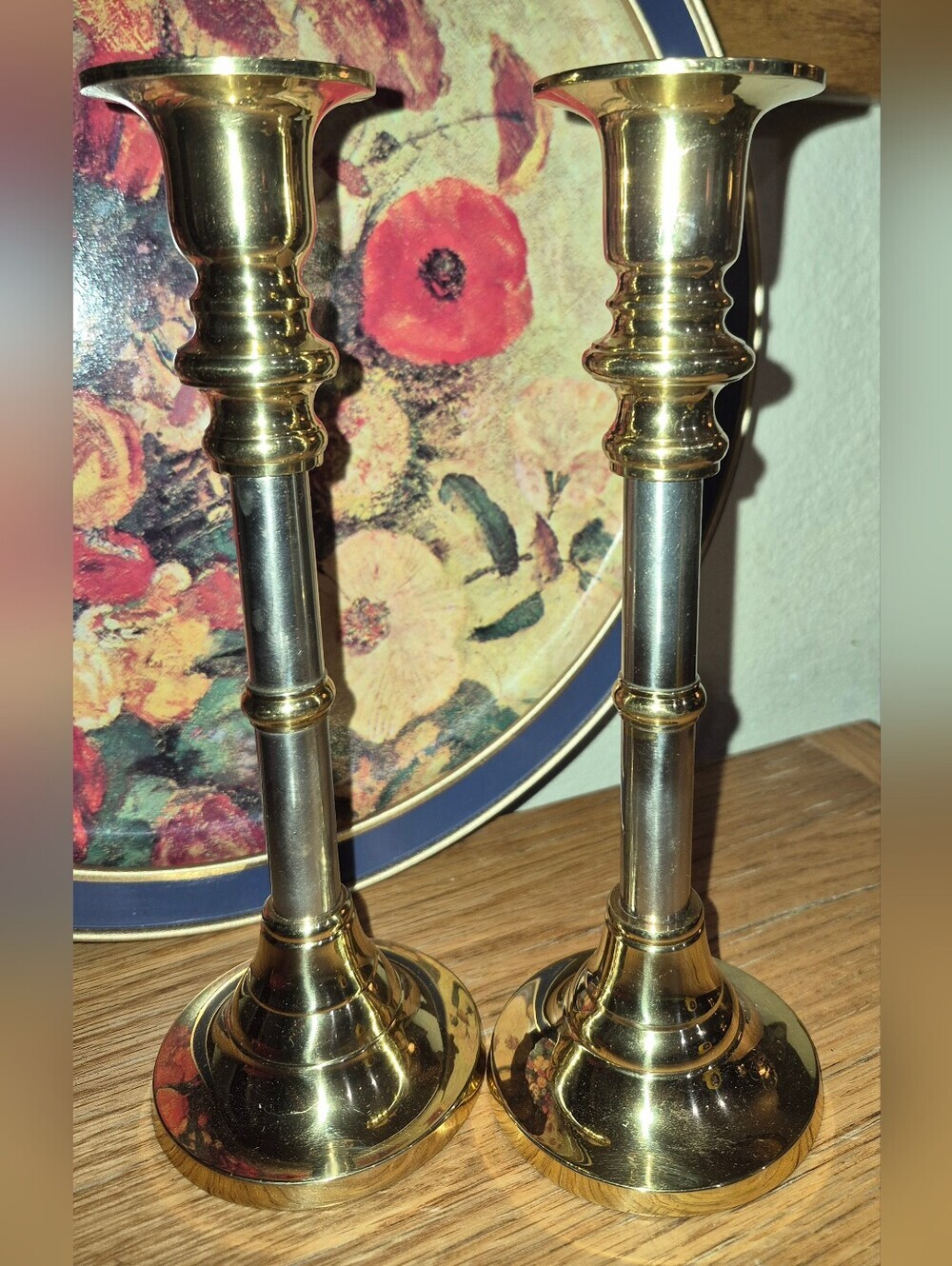 2 Brass & Brushed Steel Candlesticks Holders 9.5"MCM